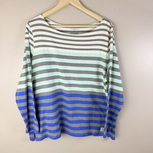 Talbots Plus 2X Striped Top Blue Green White Long Sleeve Boat Neck Cotton